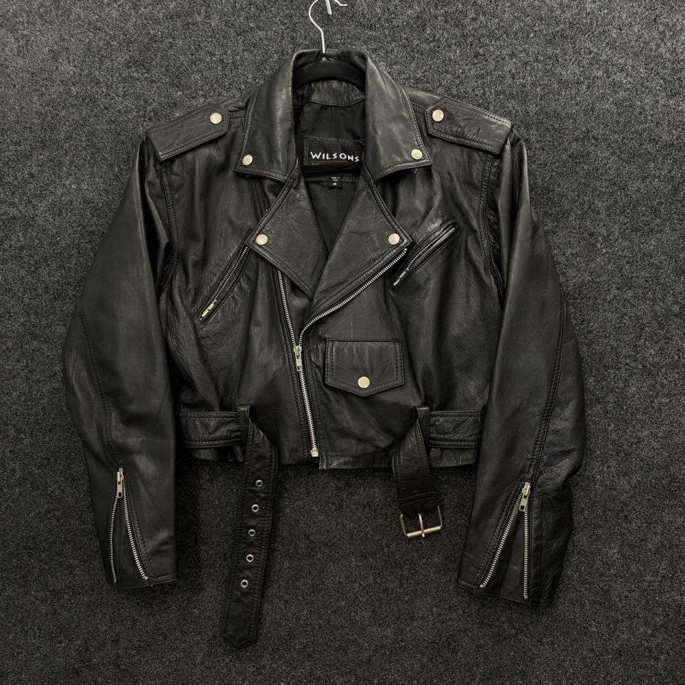 Wilsons Leather Vintage Y2K Moto Jacket Black Cropped Belted Biker Womens Medium